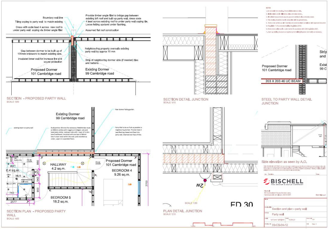Party wall section and plan drawings Bischell Construction Ltd